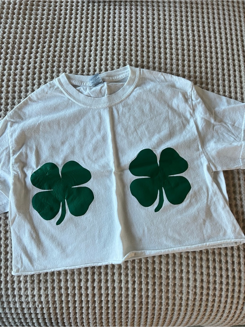 White Tee with Green Clover Graphics